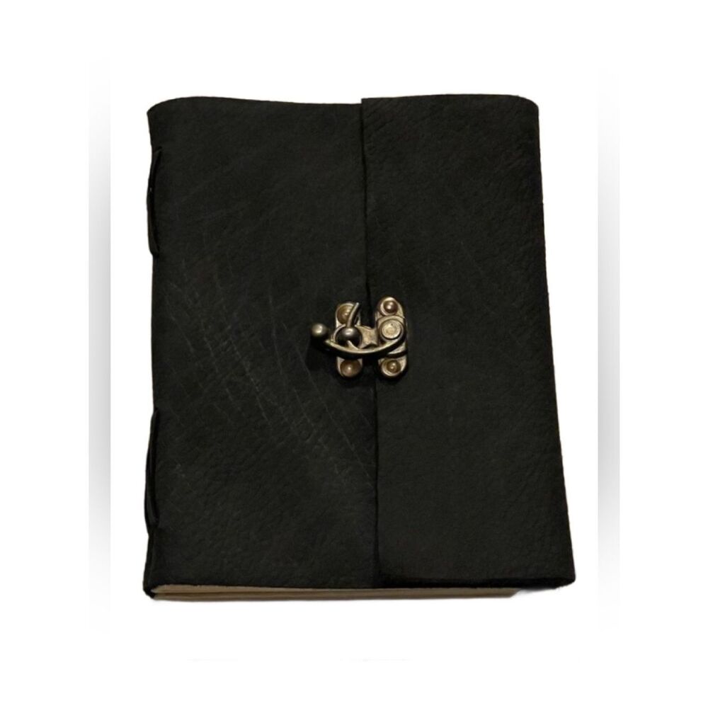 Hand-bound Black Leather Journal with Brass Clasp and Recycled Paper